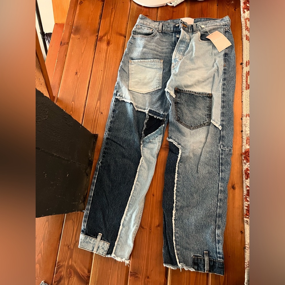 REVICE Women's Patchwork Denim Jeans - Light and Dark Blue